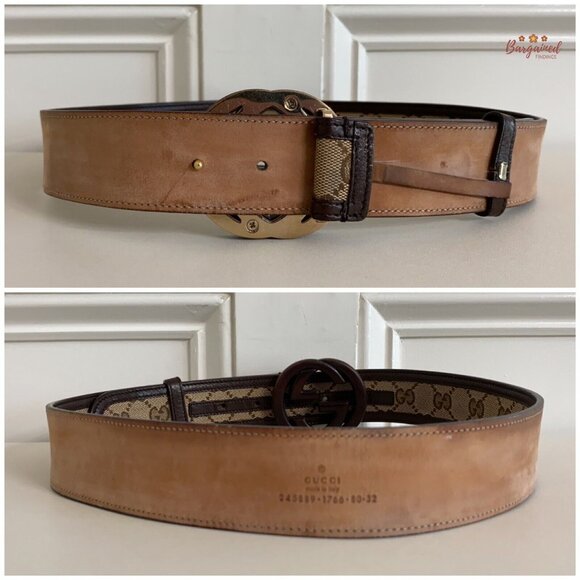 Authentic GUCCI Brown Monogram Canvas Bamboo Interlocking G Buckle Belt 80/32 - Picture 6 of 13